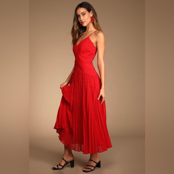 Lulus Dresses & Skirts - NWT Lulu’s Being Bold Red Black Swiss Dot Pleated Midi Dress Size Small